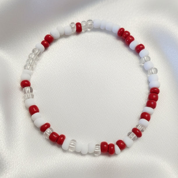 Red, White and Clear Seed Beads Bracelet